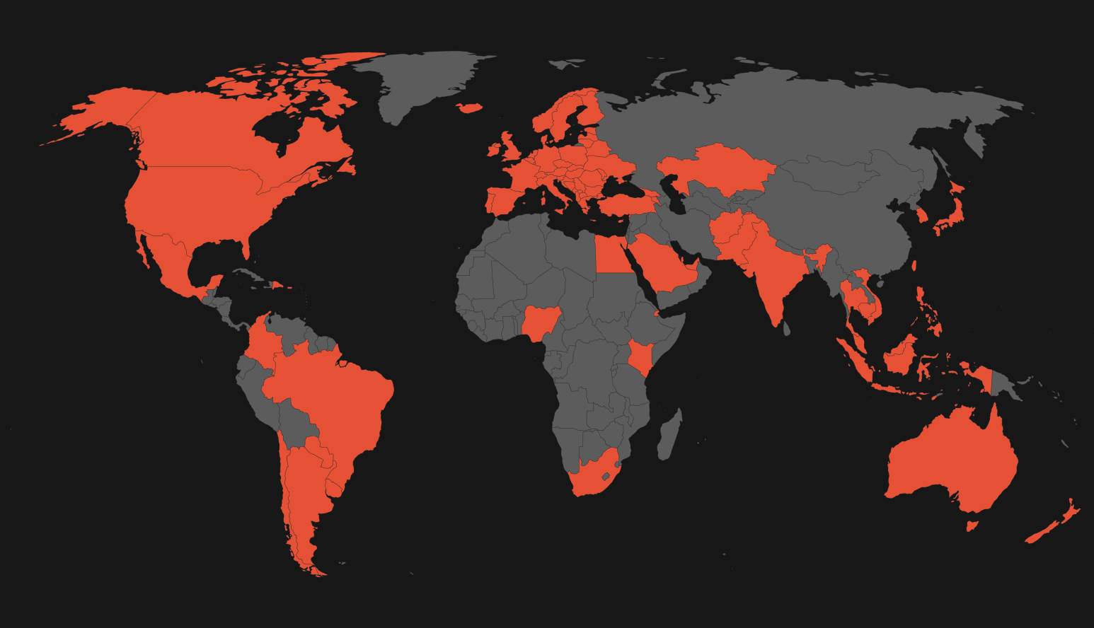 World map showing 90+ countries Brax ships to, highlighted in brand orange