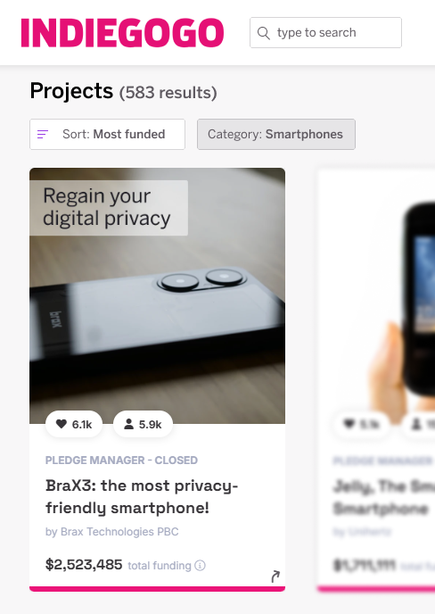 Indiegogo Smartphones category, sorted by most funded — BraX3 ranks first with $2,523,485 in total funding