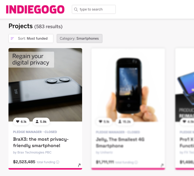 Indiegogo Smartphones category, sorted by most funded — BraX3 ranks first with $2,523,485 in total funding