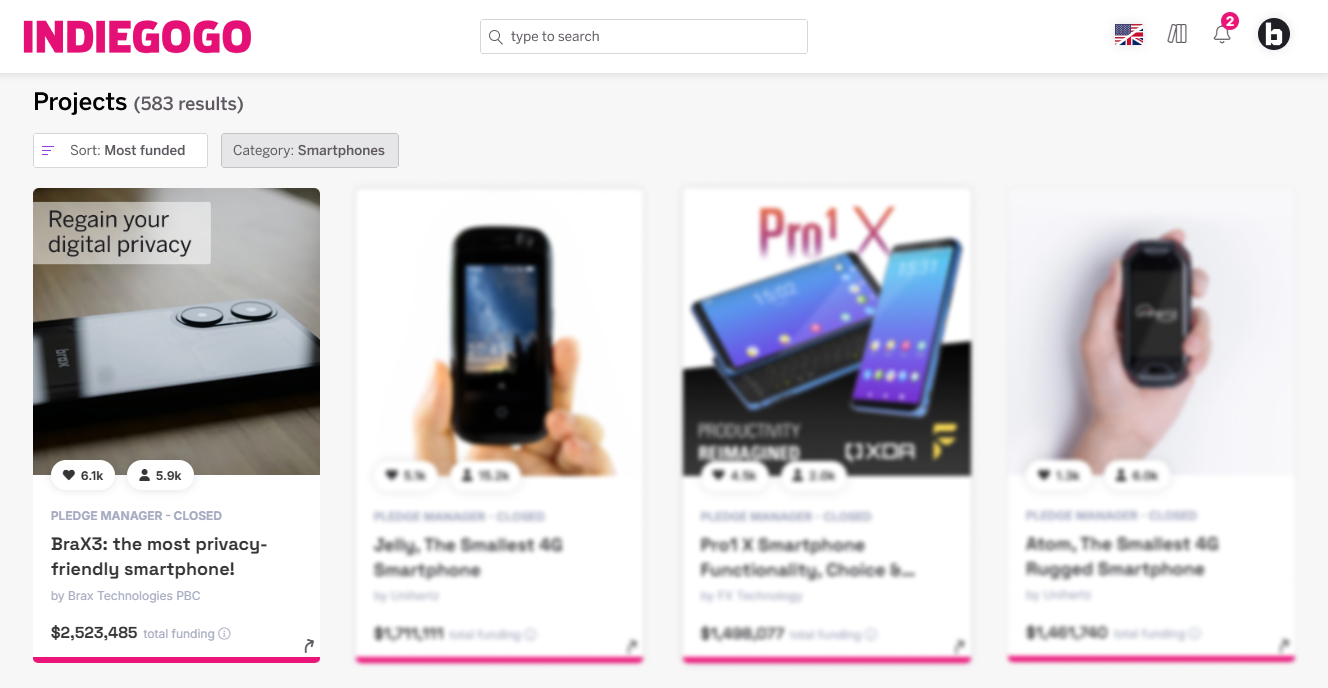 Indiegogo Smartphones category, sorted by most funded — BraX3 ranks first with $2,523,485 in total funding